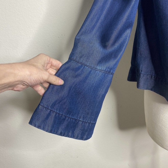 7 for all mankind Off the Shoulder Bell Cuff Sleeve Dark Chambray Top S - Picture 9 of 10